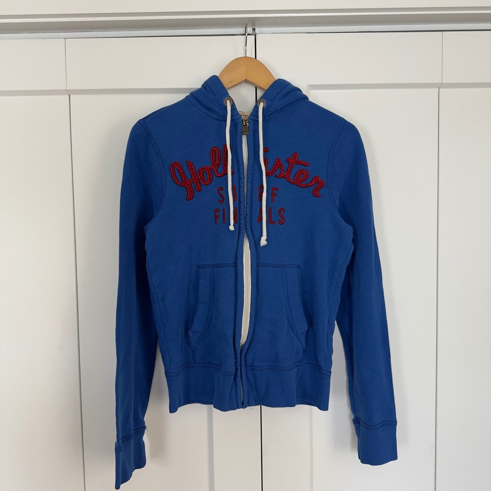 Mens Hollister Full Zip Hoodie Size S Blue Surf Finals Embroidered Graphic